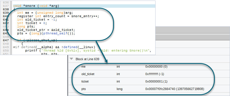 Diagram demonstrating how the local variables display for the associated program block
