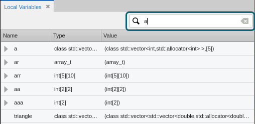 Screenshot of the Local Variables view with a filter applied.