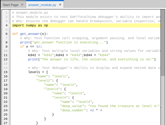 TotalView Source view showing the Python script loaded and stopped at the first line