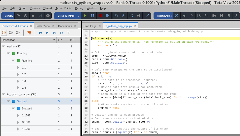 TotalView showing the Processes and Threads view with a parallel Python program loaded