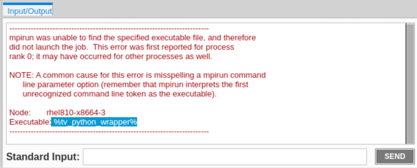Input/Output view showing the mpirun executable not found error