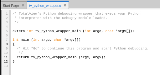 TotalView Source view showing the Python wrapper program