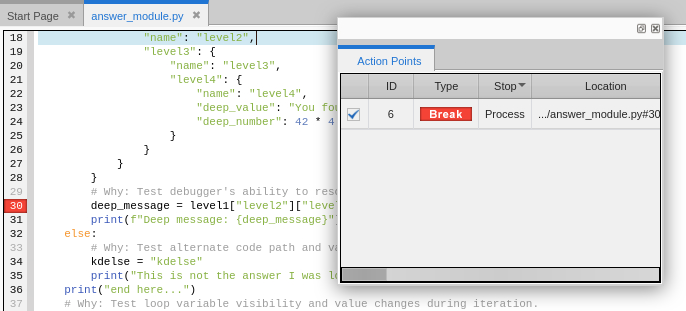 Action Points view showing a newly added breakpoint