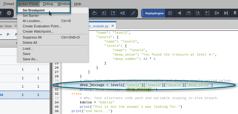 Action Points menu showing Set Breakpoint