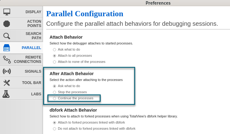 Preferences dialog with the Continue the processes option highlighted