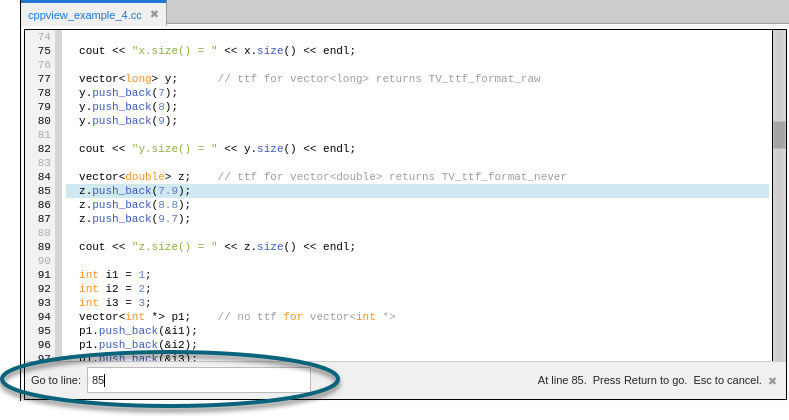 Screenshot demonstrating the Go to line panel in the Source view