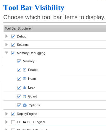 Toolbar visibility settings in the Preferences dialog