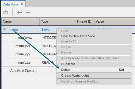 Image showing the Data View context menu for deleting the Fortran expression from the view