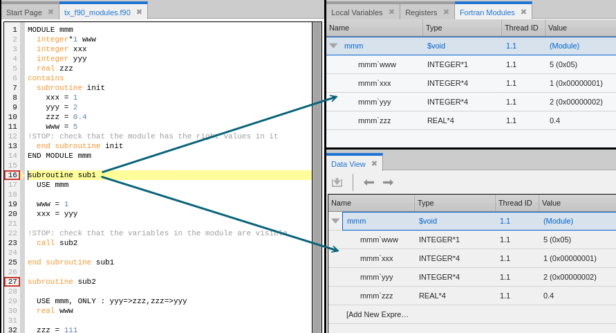 Image showing the Fortran module expression data when the program is stopped on a breakpoint at line 16