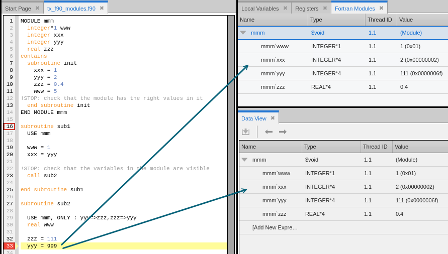 Image showing the Fortran module expression data when the program is stopped on a breakpoint at line 33