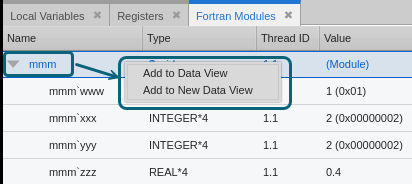 Fortran Modules view with context menu options shown