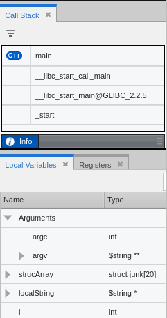 Local Variables On Stack Call Stack View, Local Variables View, and Registers View