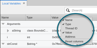 Screenshot of the column customization menu